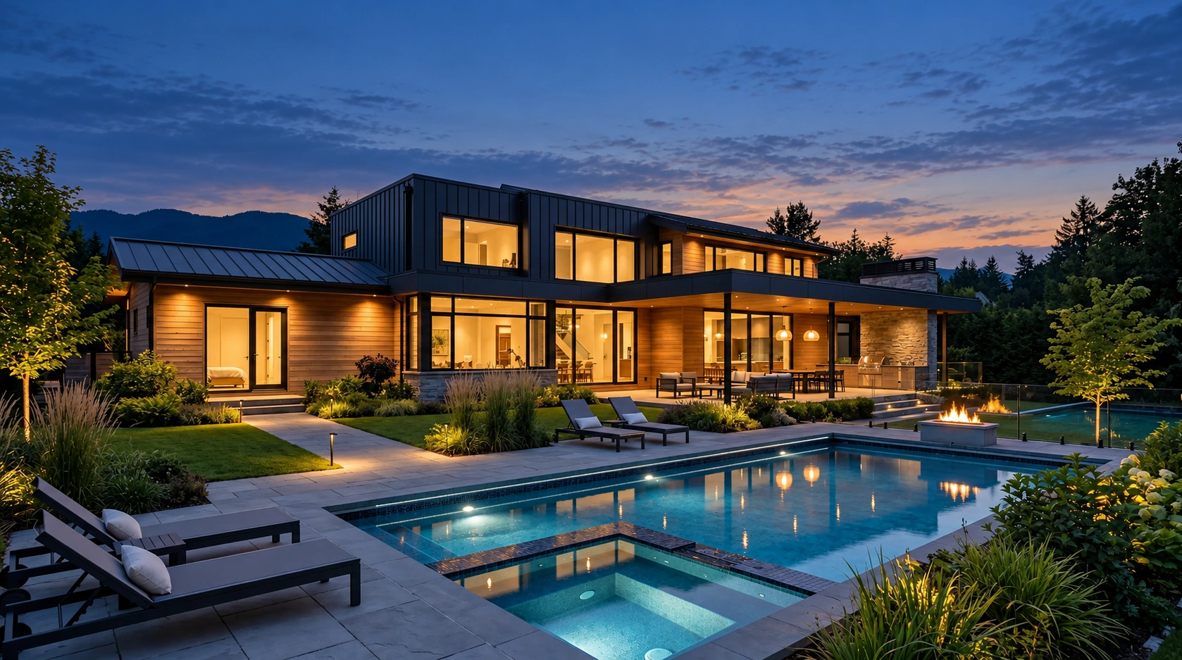 The same poolside home at blue hour with lit windows and illuminated pool