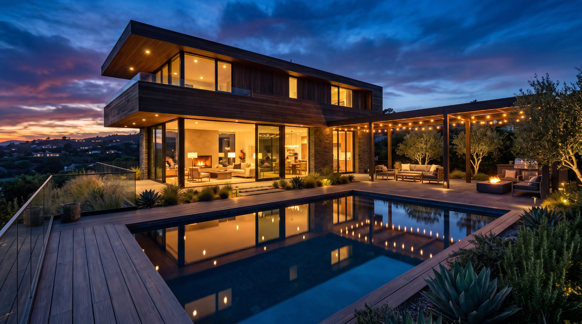 Demonstration home exterior with virtual twilight treatment