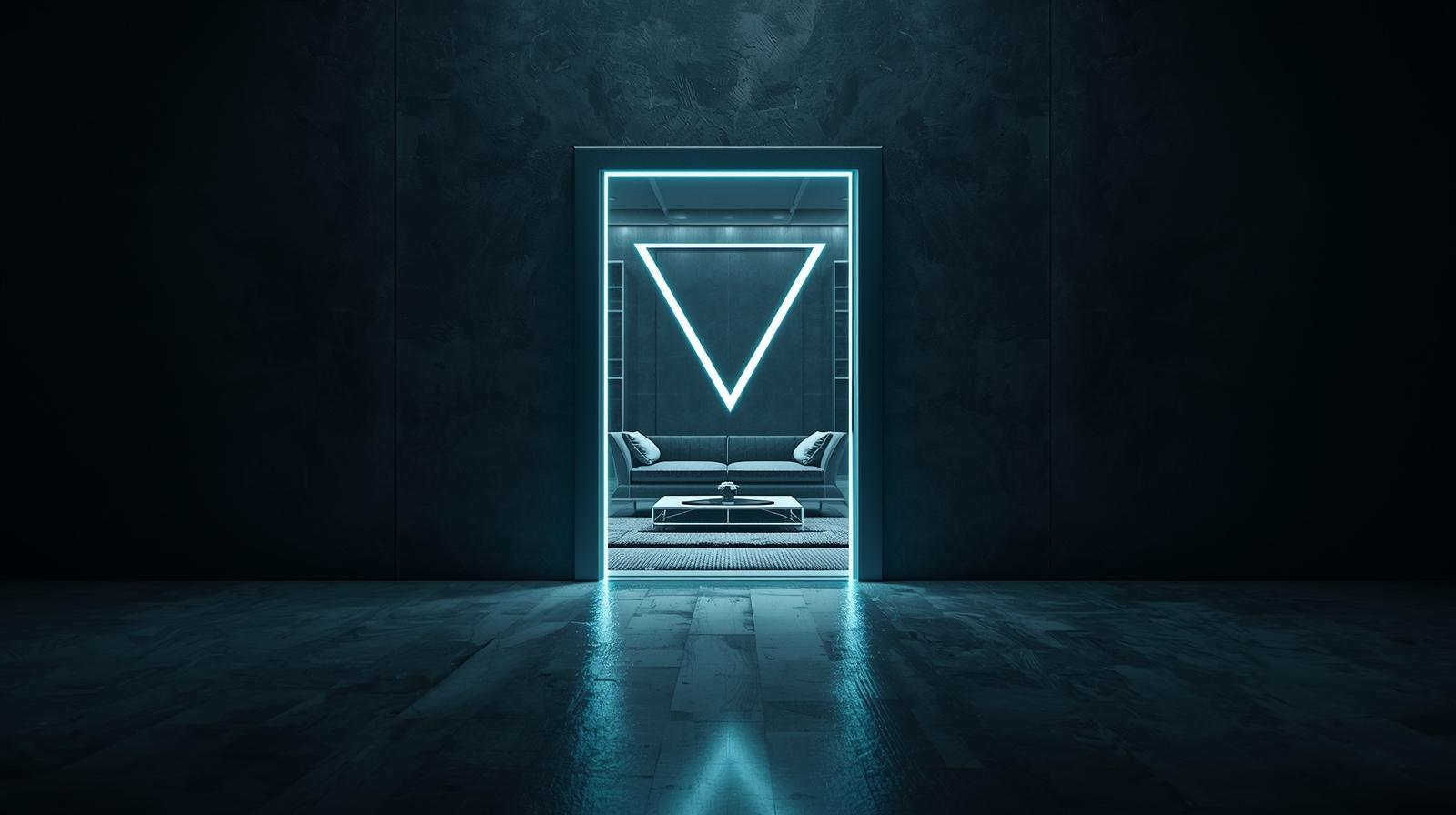 vStageHub inverted-V emblem in an architectural doorway