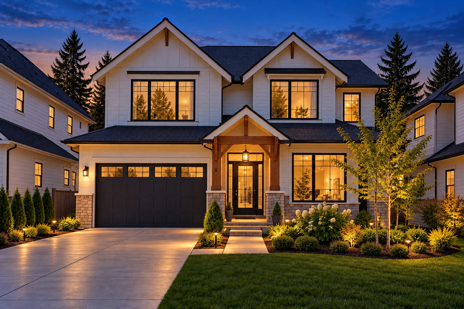 The same craftsman home at twilight with warm windows and landscape lighting