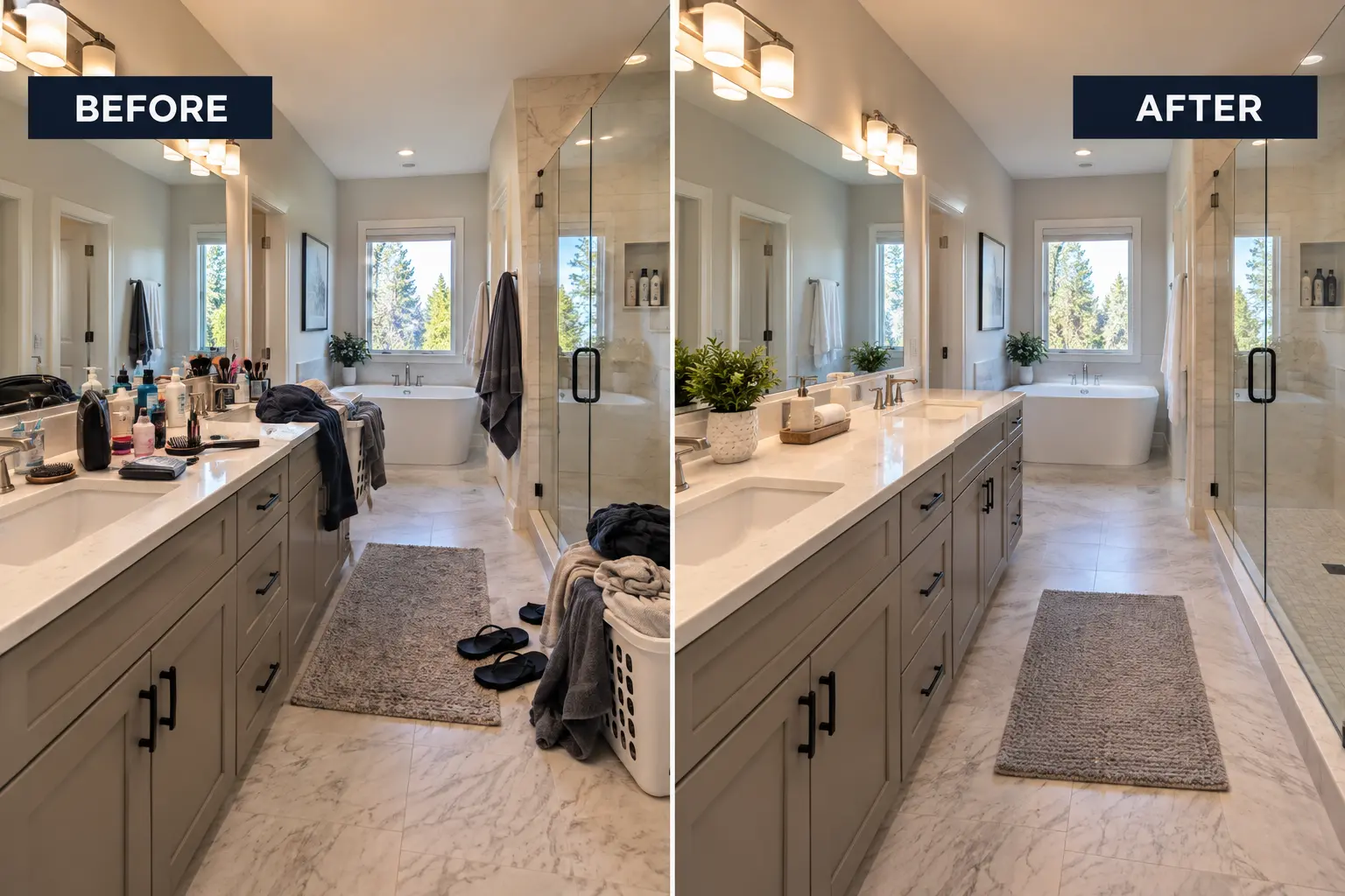 Cluttered bathroom digitally decluttered for real-estate marketing