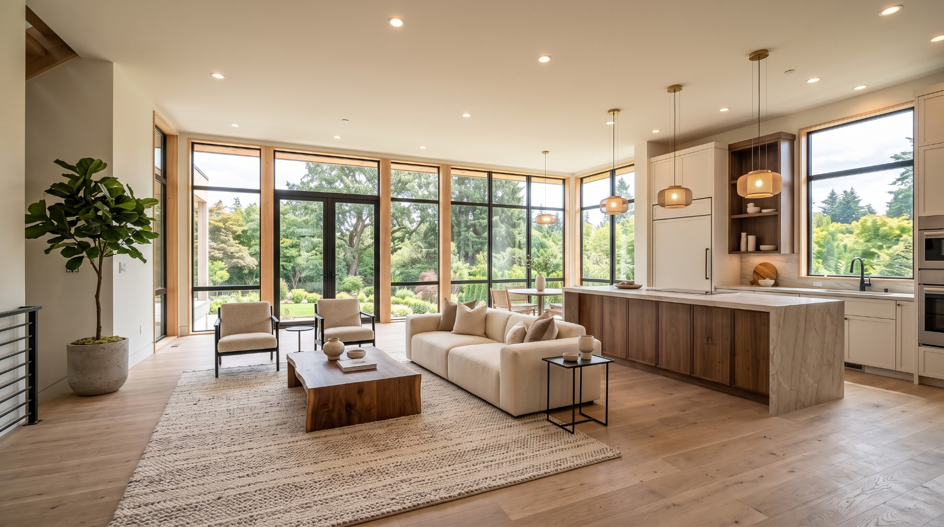 The same open-plan interior completed and furnished as a visualization concept