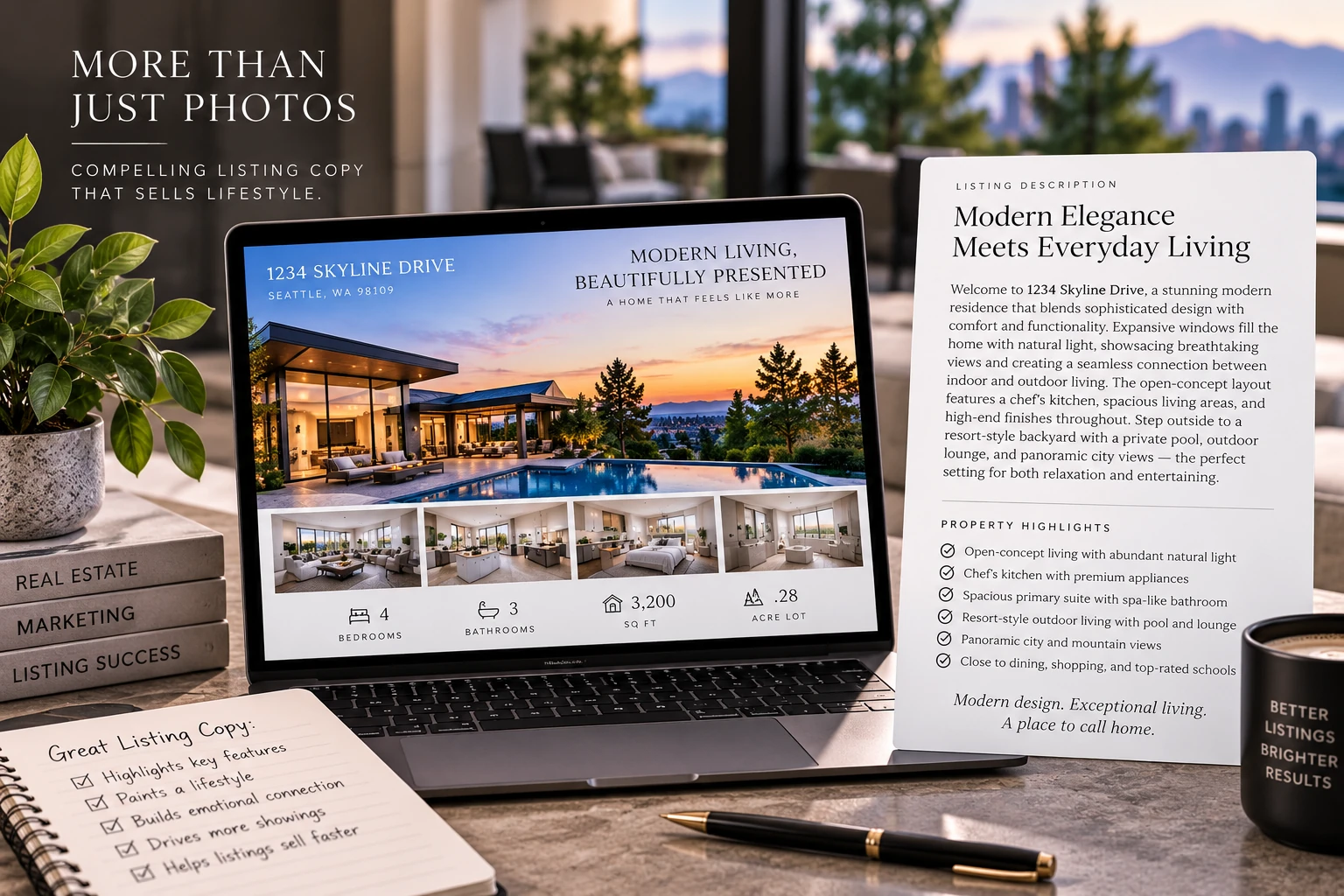Laptop showing a property presentation beside a printed listing description