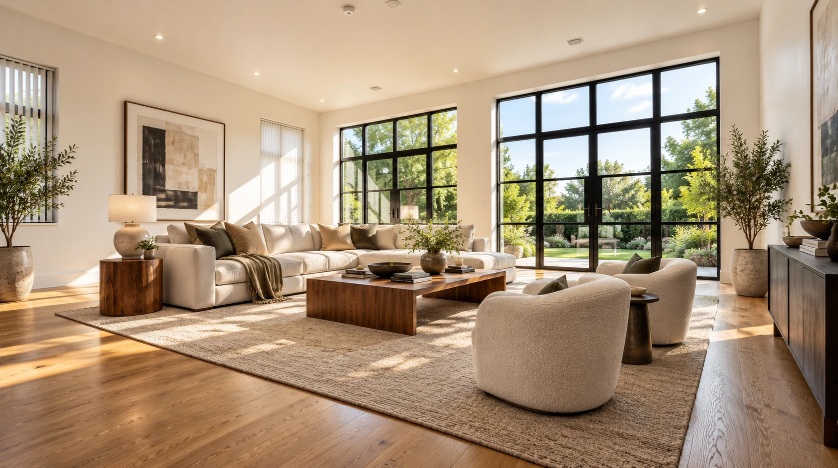 Demonstration of the same great room virtually staged with relaxed contemporary furniture