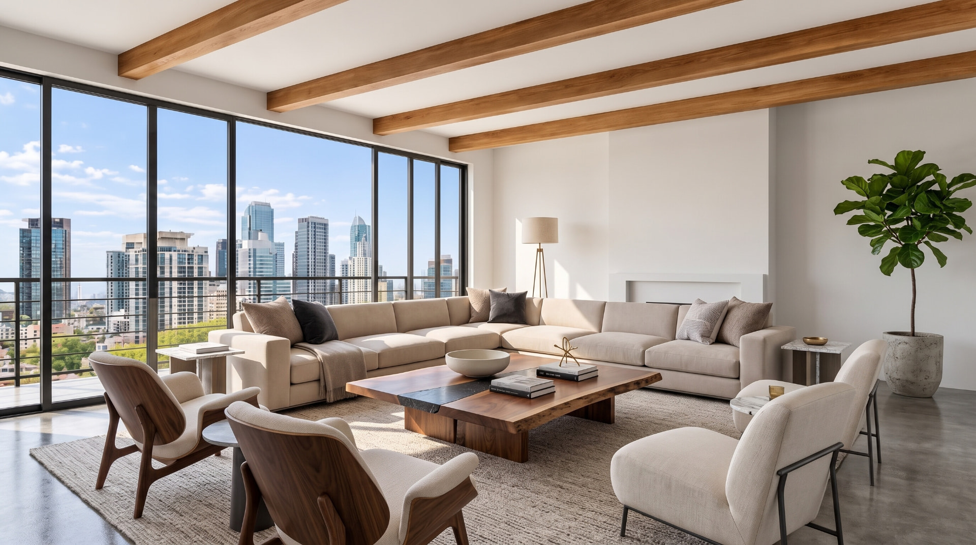 Demonstration of the same room virtually furnished with neutral contemporary pieces