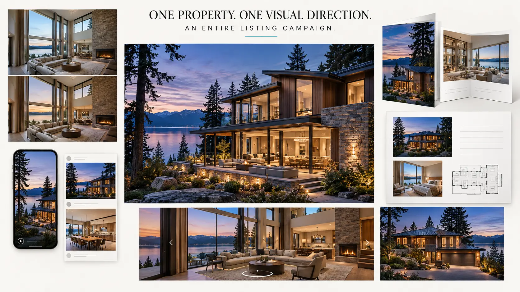 Concept board of coordinated listing deliverables: exterior hero, interiors, phone reel, social posts, and brochure