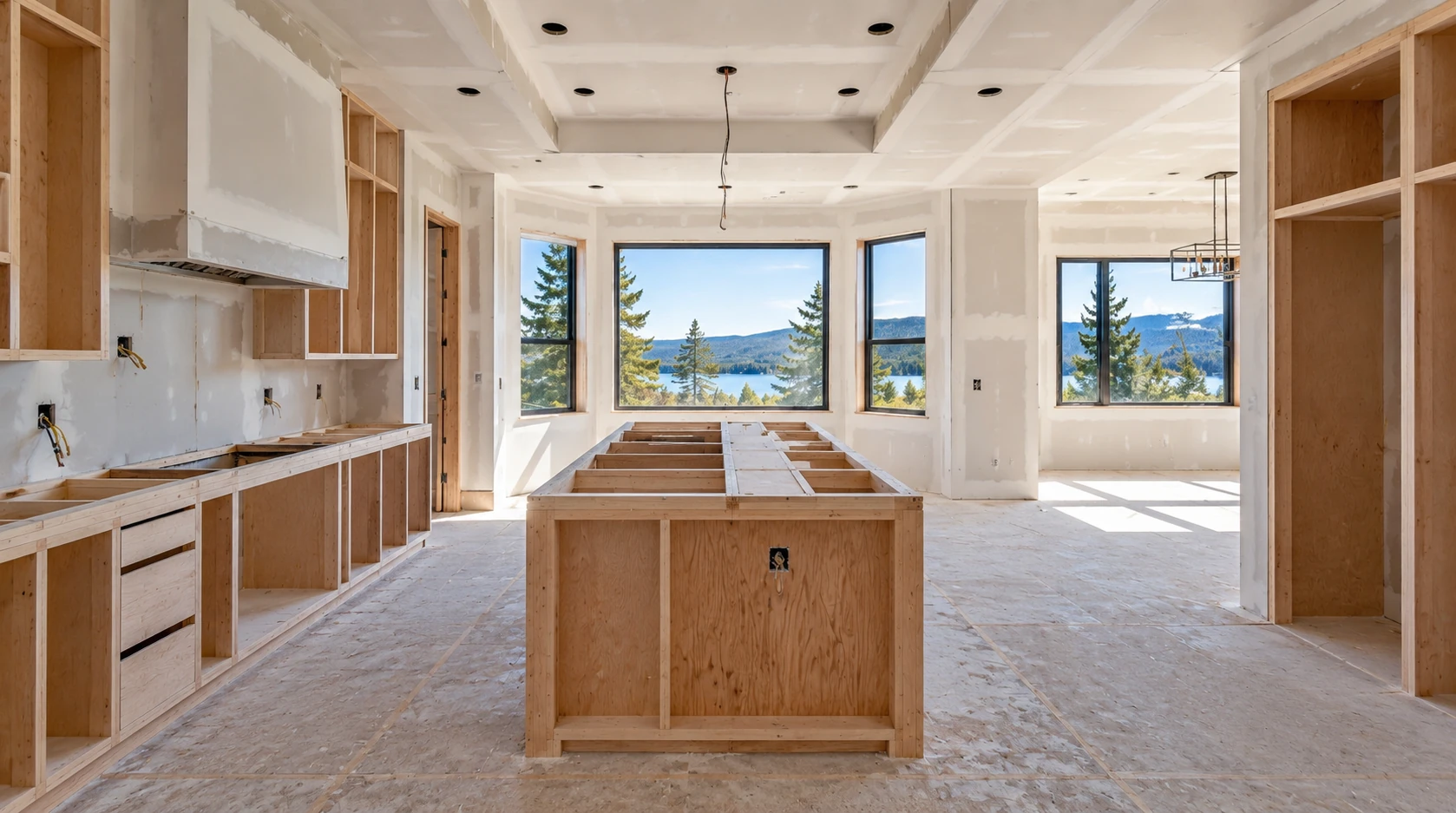 Unfinished luxury kitchen with lake views before interior visualization