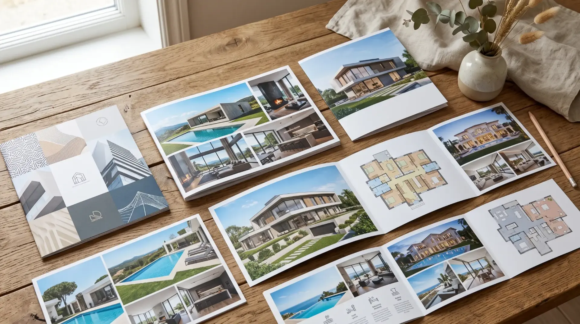 Printed property brochures and floor plan sheets arranged on a wooden table