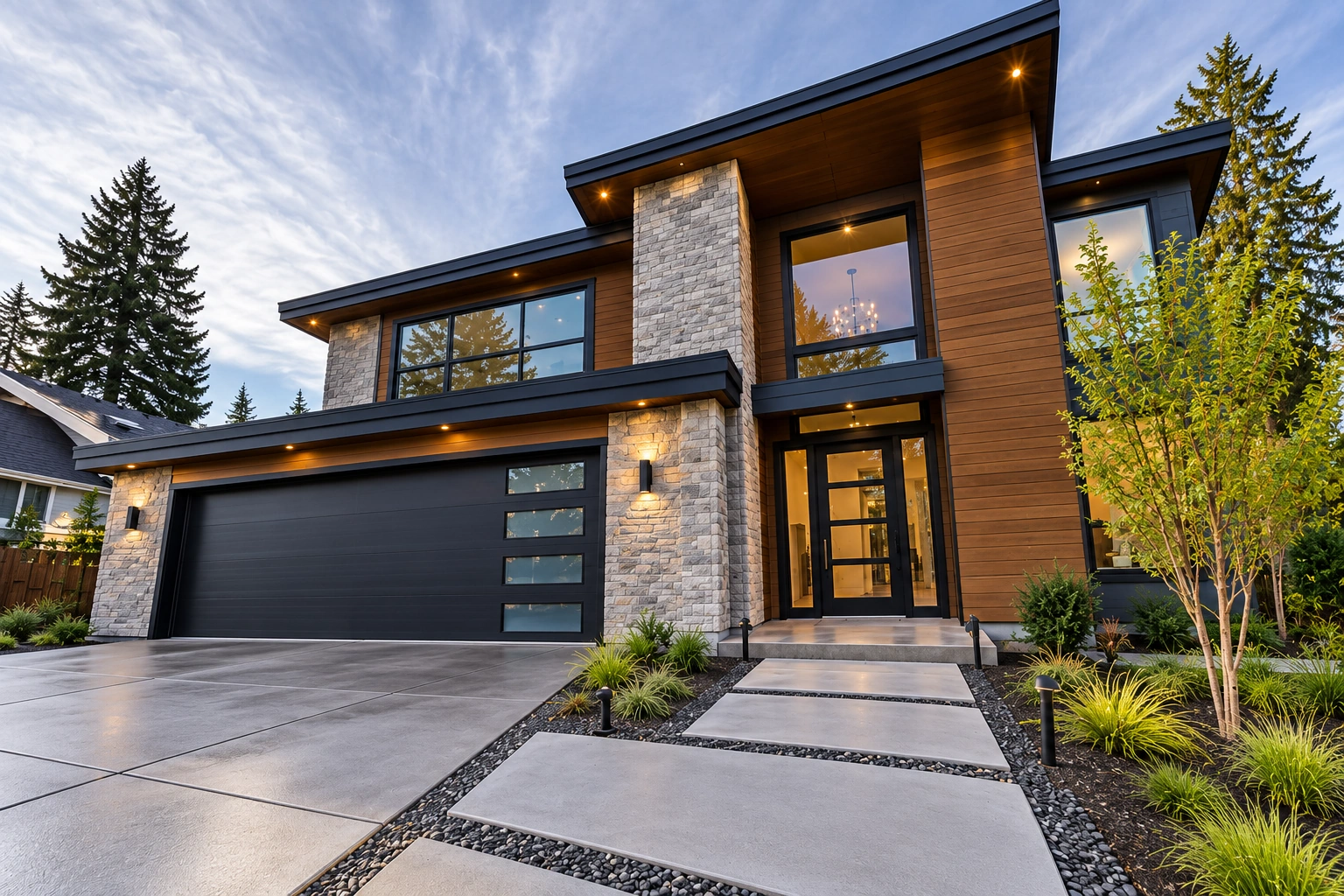 Modern home exterior photographed at a tilted, uncorrected angle before photo enhancement