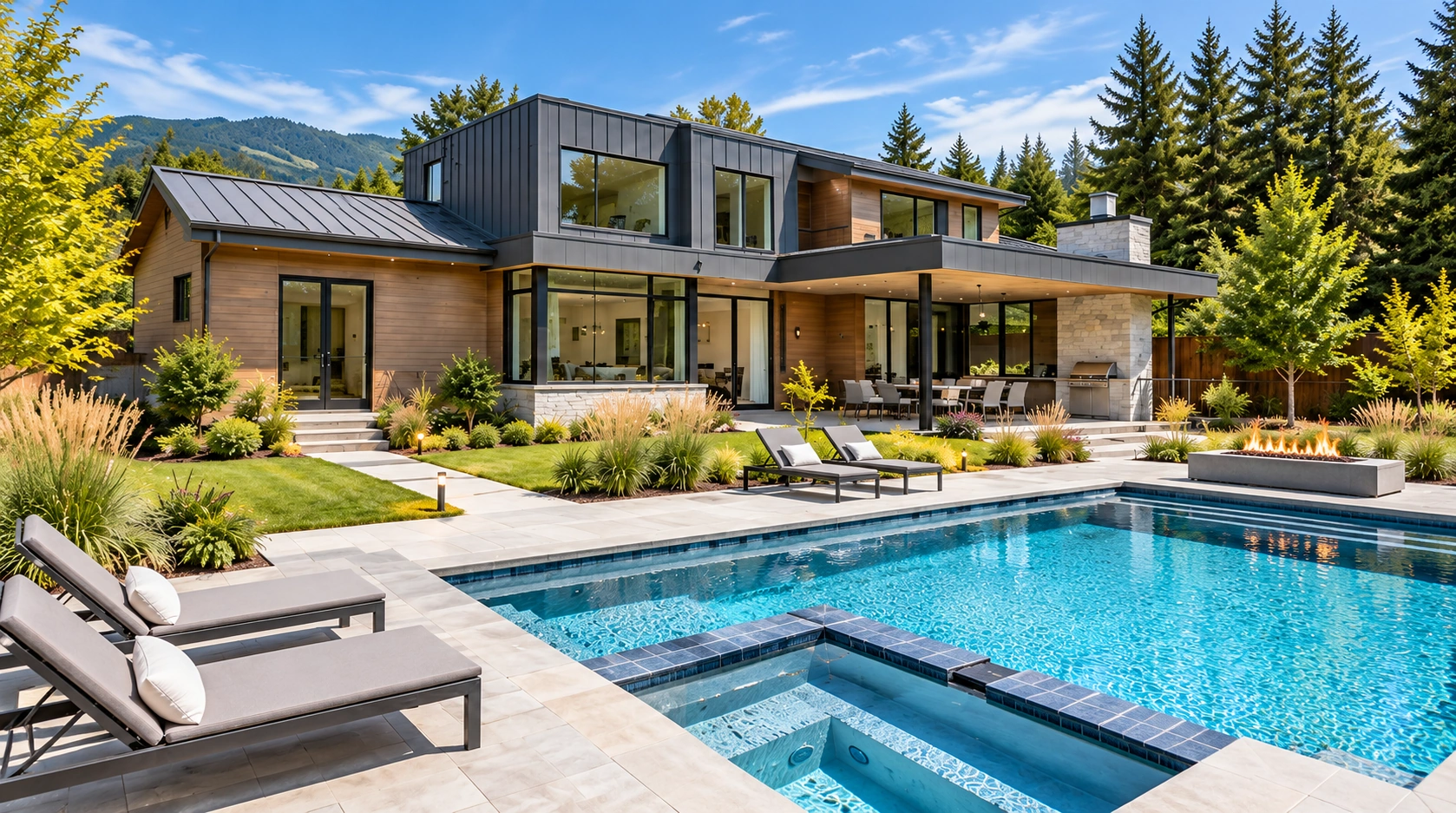 Modern poolside home exterior in daylight