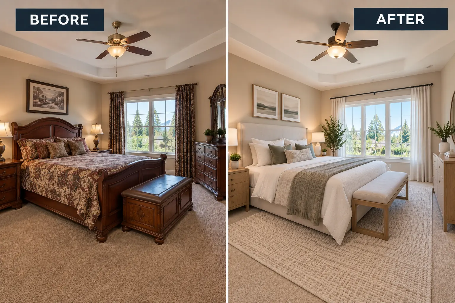 Before and after virtual restaging of a furnished bedroom