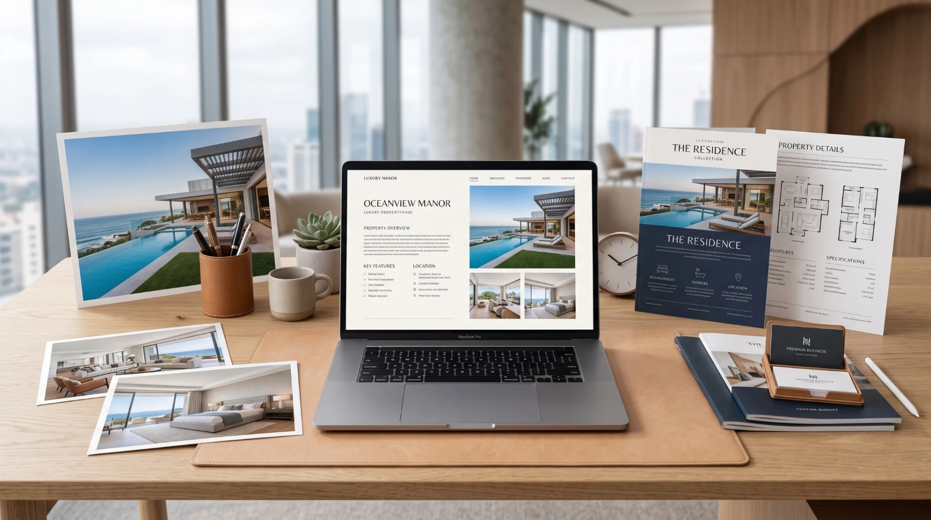 Laptop property website beside printed brochure and property details sheets