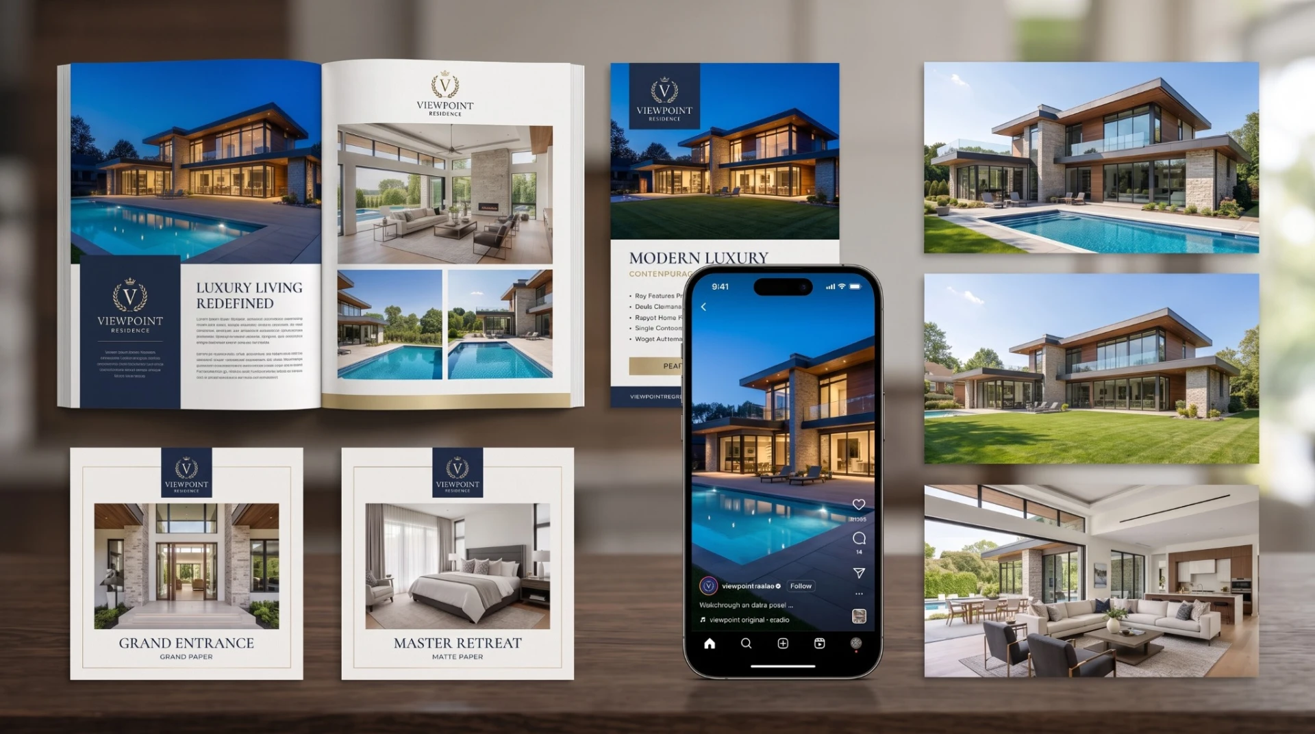 Concept of a brochure, social cards, and phone reel sharing one visual style