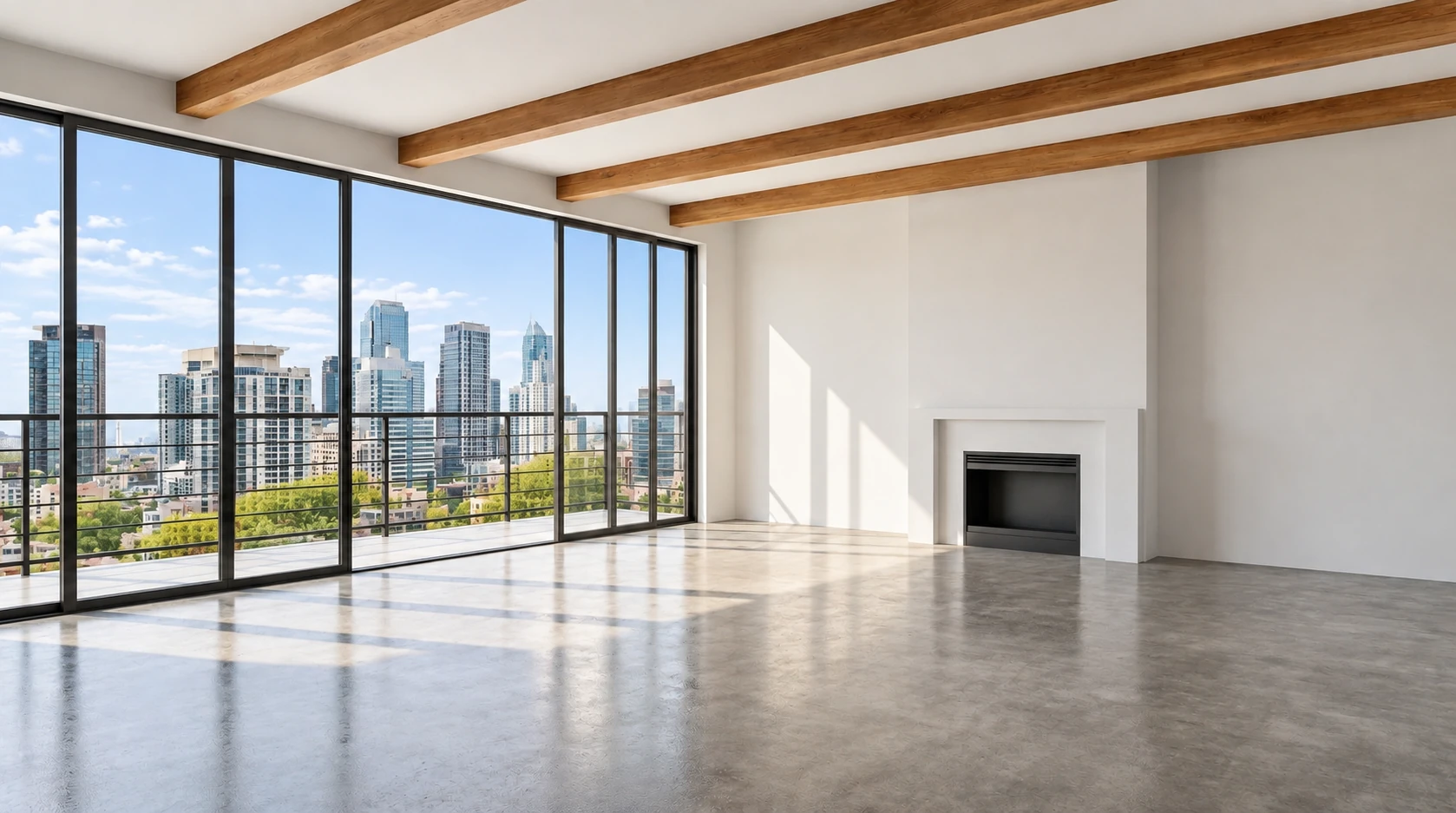 Demonstration of a vacant windowed living room with fireplace